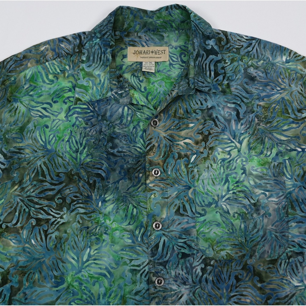 Johari West Mens 2XL Batik Tropical Leaf Print S/S Cotton Abstract Collar Shirt